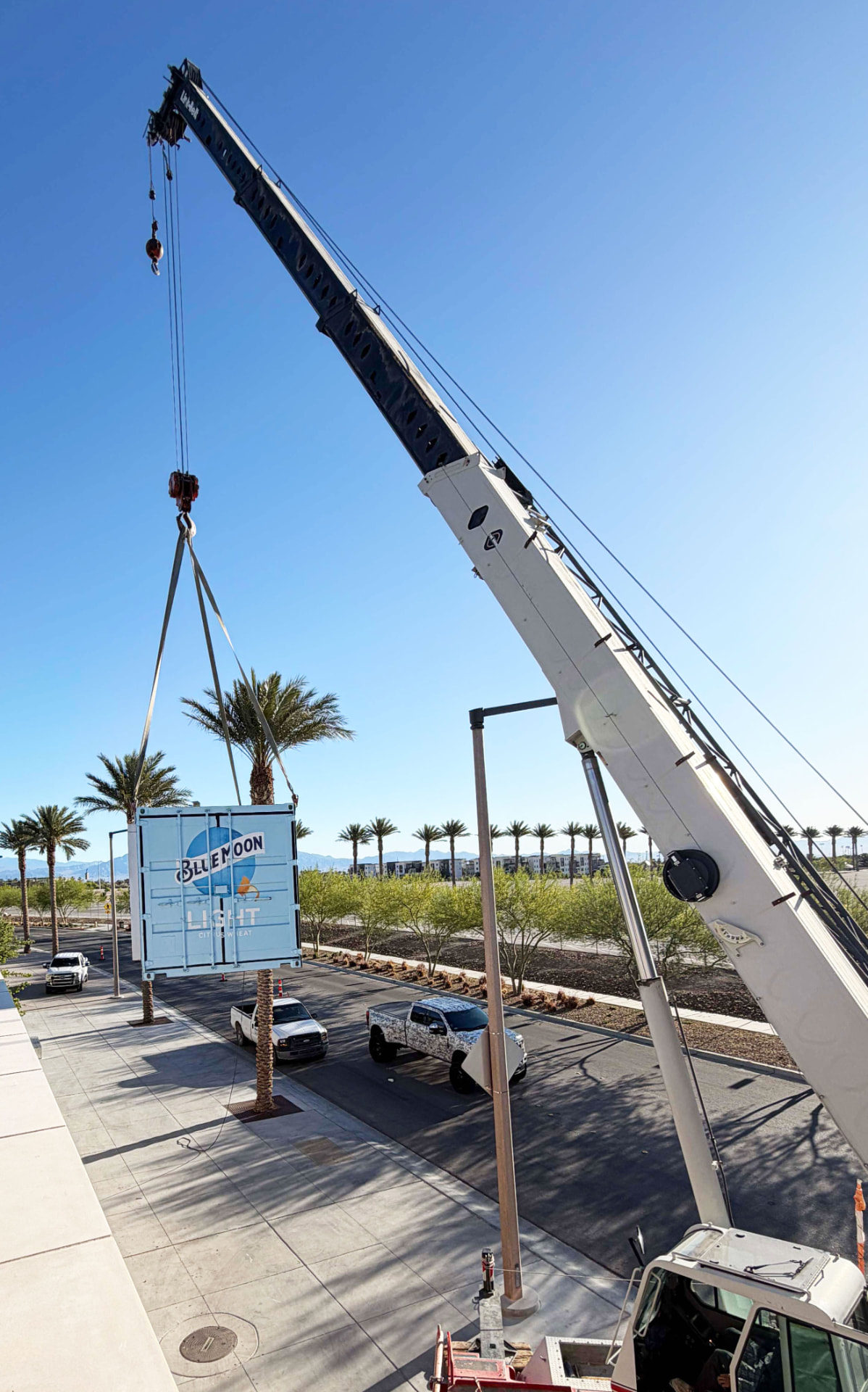 Crane lowering a branded container beside a palm-lined street