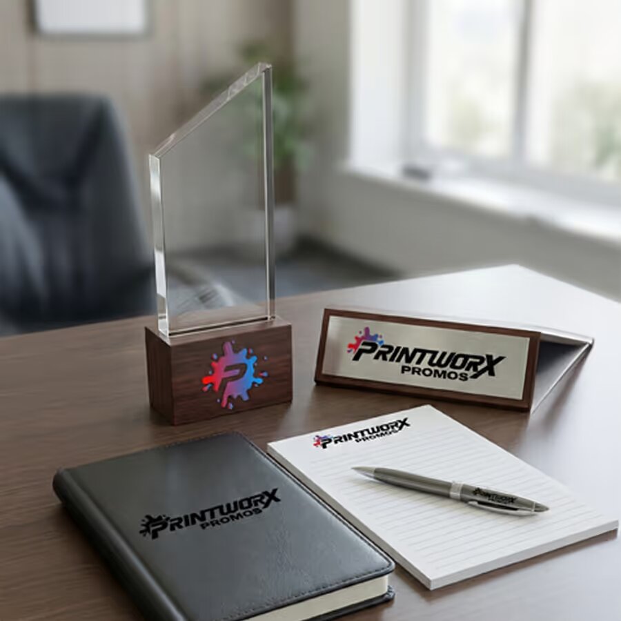 Crystal award, desk nameplate and branded notebook for office recognition