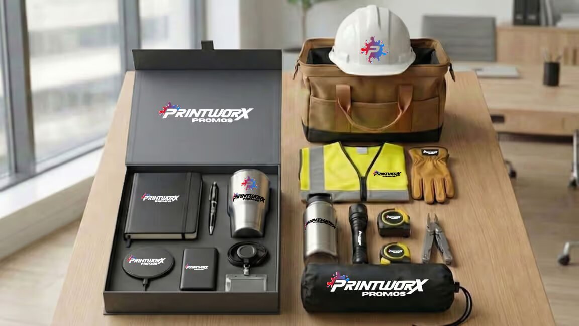 Custom branded kit box with notebook, tumbler, hard hat, safety vest and tools
