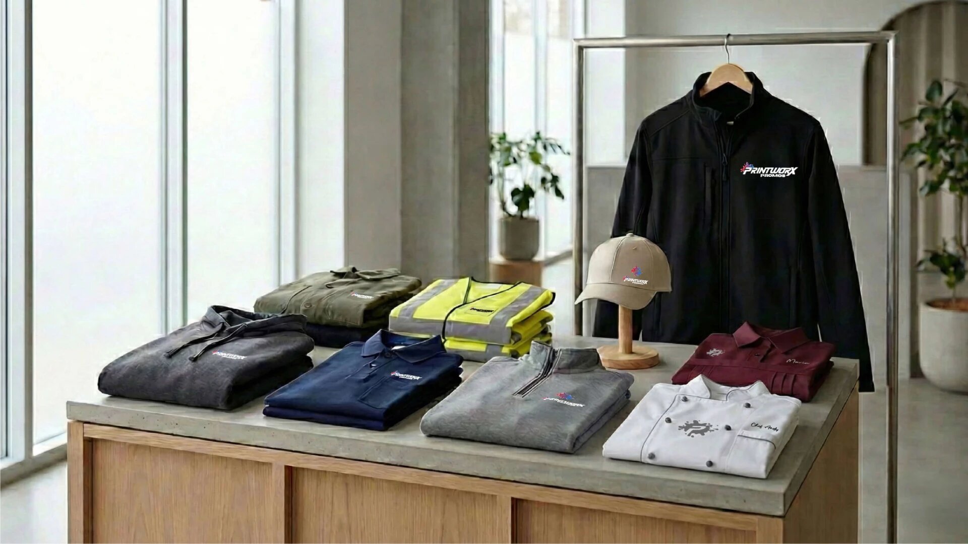 Folded branded polos, jackets, hoodies and a cap embroidered with the PrintWorx Promos logo